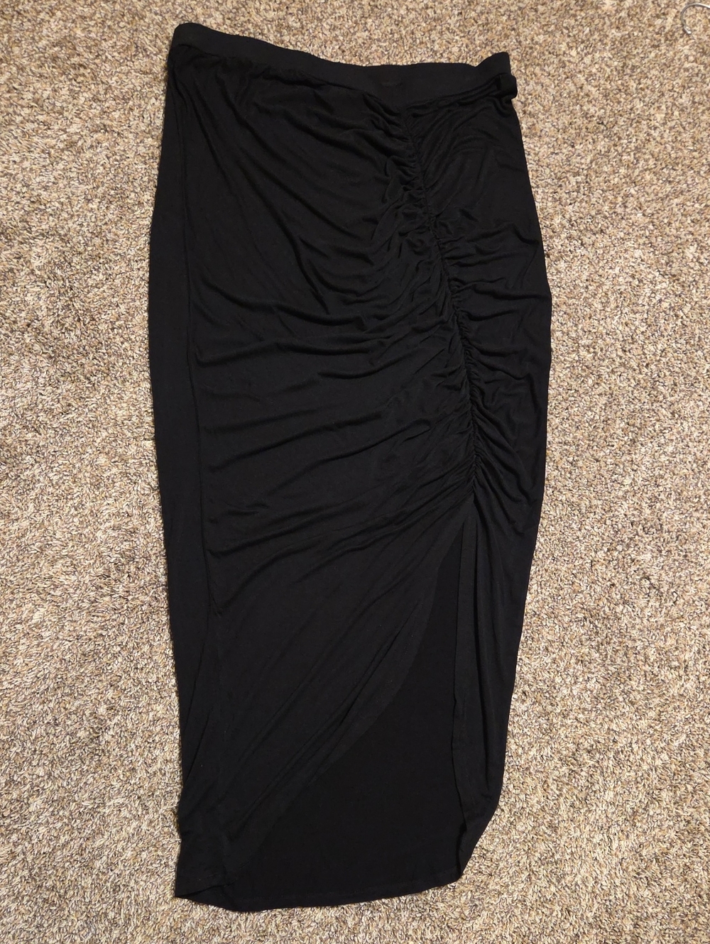 MOSSIMO Black Ruched Side Midi Skirt XL Stretch Rayon Bodycon Skirt